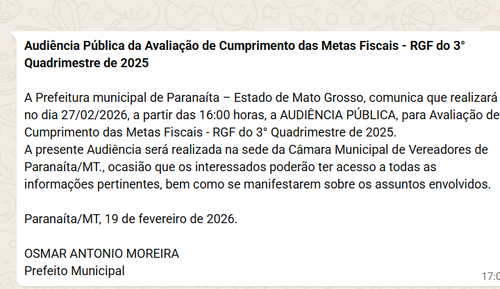 Audiência Pública da Avaliação de Cumprimento das Metas Fiscais - RGF do 3° Quadrimestre de 2025